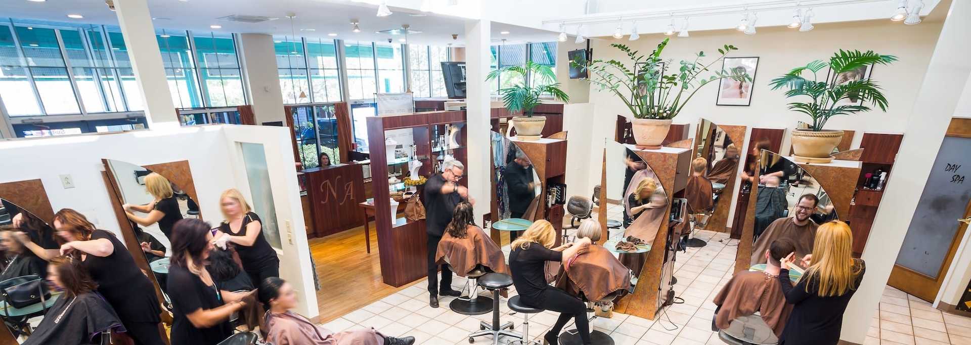 Hair salon interior with stylists working, mirrors, plants, and clients in chairs.
